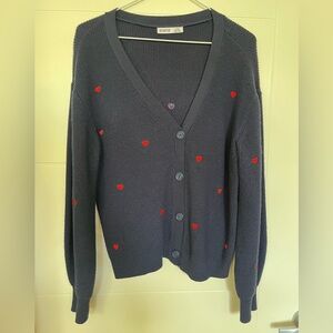 Devoted Navy V-Neck Cardigan Sweater with Red Heart Embroidery